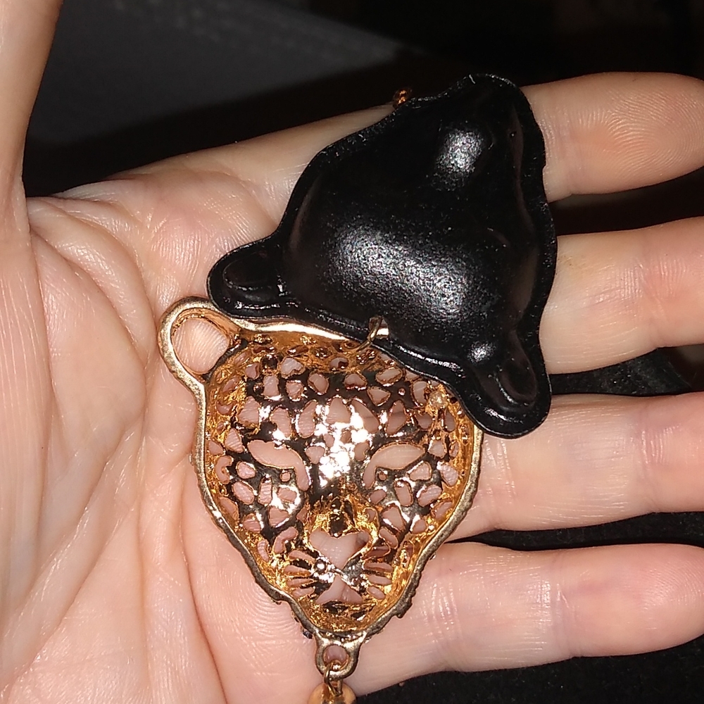 Black & Goldtone Leopard Cheetah with White Crystals Pendant Necklace - Picture 3 of 7